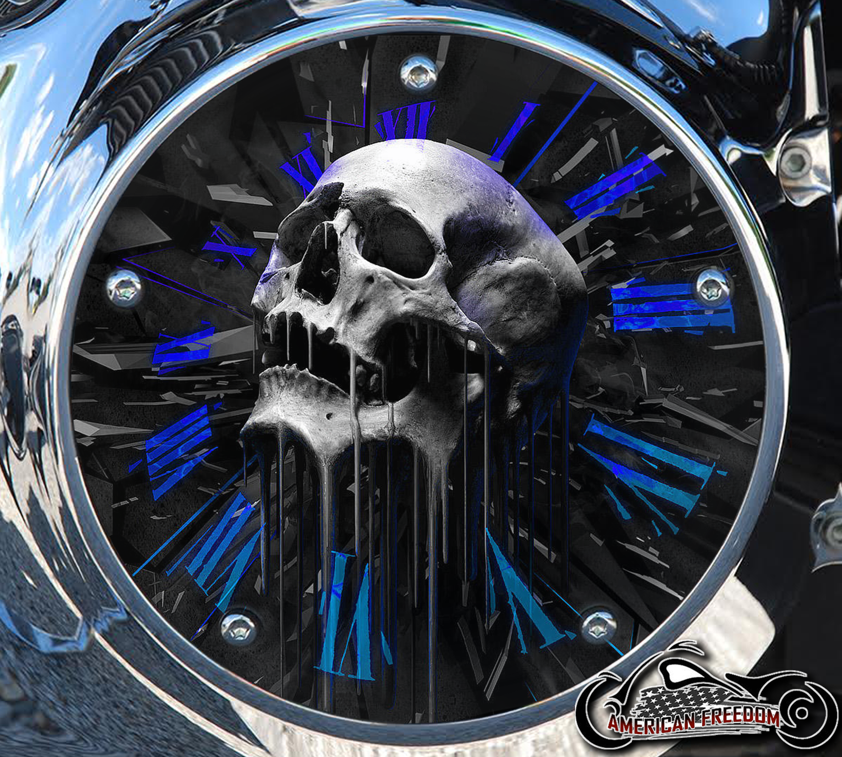 Custom Derby Cover - Melted Skull Clock (Blue)
